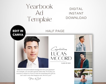 Plantilla de anuncio para anuario de último año de secundaria (media página), diseño editable, anuncio de graduación de secundaria, descarga digital