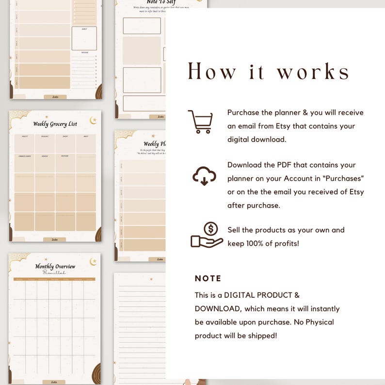 Puede incluir: Un planificador digital para vendedores de Etsy, con un esquema de color beige y marr&oacute;n. El planificador incluye una lista de la compra semanal, un planificador semanal, una visi&oacute;n general mensual y una p&aacute;gina de notas para ti mismo. El texto "C&oacute;mo funciona" se muestra en una fuente grande. El texto "Compra el planificador y recibir&aacute;s un correo electr&oacute;nico de Etsy que contiene tu descarga digital." se muestra debajo del texto "C&oacute;mo funciona". El texto "Descarga el PDF que contiene tu planificador en tu cuenta en "Compras" o en el correo electr&oacute;nico que recibiste de Etsy despu&eacute;s de la compra." se muestra debajo del texto anterior. El texto "&iexcl;Vende los productos como propios y conserva el 100% de las ganancias!" se muestra debajo del texto anterior. El texto "NOTA" se muestra en una fuente grande. El texto "Este es un PRODUCTO DIGITAL & DESCARGA, lo que significa que estar&aacute; disponible instant&aacute;neamente al comprarlo. &iexcl;No se enviar&aacute; ning&uacute;n producto f&iacute;sico!" se muestra debajo del texto "NOTA".