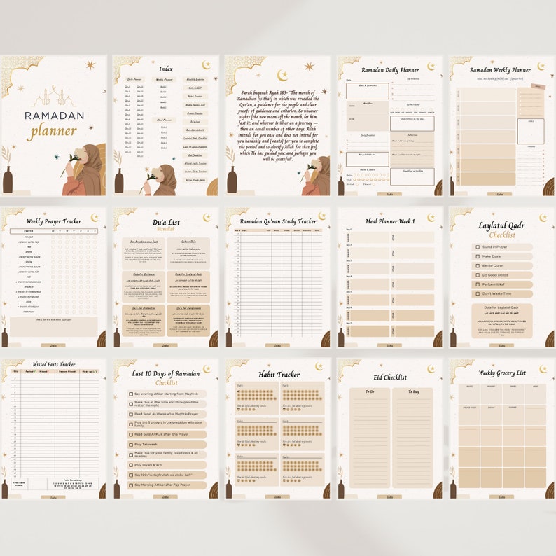 Puede incluir: Un planificador de Ramad&aacute;n imprimible con un esquema de color beige y marr&oacute;n. El planificador incluye p&aacute;ginas para la planificaci&oacute;n diaria y semanal, la planificaci&oacute;n de comidas, el seguimiento de las oraciones, el seguimiento de los h&aacute;bitos y mucho m&aacute;s. El planificador presenta un borde decorativo con estrellas y medias lunas.