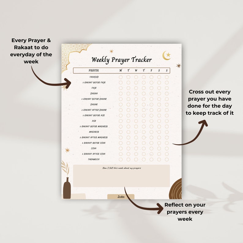Puede incluir: Un rastreador de oraciones semanal imprimible con fondo beige y detalles dorados. El rastreador incluye una lista de oraciones diarias con casillas de verificaci&oacute;n para cada d&iacute;a de la semana. El texto "Tache cada oraci&oacute;n que hayas hecho durante el d&iacute;a para llevar un registro" est&aacute; incluido en la imagen.