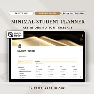 May include: A laptop screen displaying a Notion student planner template with the title "Minimal Student Planner" and the text "All in One Notion Template". The template includes sections for classes, assignments, notes, flashcards, and projects. The screen is surrounded by a brown background.