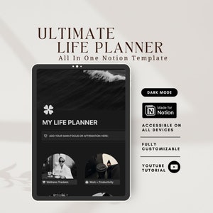 Ultimate Notion Life Planner, All in One Notion template, Dark mode Notion Dashboard,  Adhd Notion Planner, Dark Aesthetic notion Templates