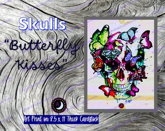 Skull Art Print - Butterfly Kisses, Abstract Gothic Art, Skeleton Home Decor, Spooky Halloween