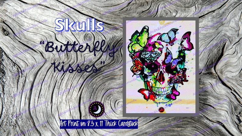 Skull Art Print Butterfly Kisses, Abstract Gothic Art, Skeleton Home Decor, Spooky Halloween image 1