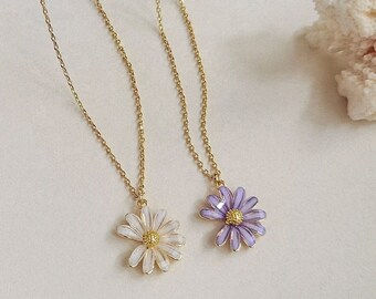 18K Gold Plated White Purple Adjustable Necklace Daisy Flower | Purple White Daisy Sun Flower｜18K Gold｜Korean Fashion Trend｜Women Boho Chic