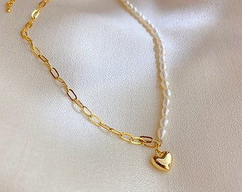 18K Gold Heart Pearl Necklace｜18K Real Gold Plating Fresh Water Pearl Choker｜Metal Love Heart Necklace Choker For Women