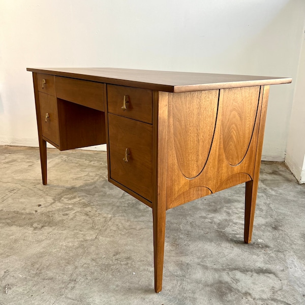 Refinished Vintage Mid Century Broyhill Premier Brasilia Walnut Wood & Brass Desk