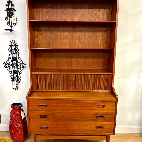 Vintage Mid Century Danish Teak Bookcase With Pull Out Desk & Drawers