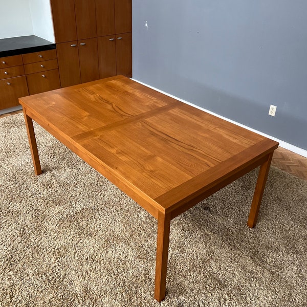 Refinished Mid Century Vintage Danish Teak Wood Extendable Dining Table (With 2 Attached Side Leaves). Made in Denmark.