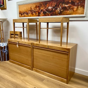 Set of 2 Vintage Mid Century Hans Wegner Danish Oak Tambour Door Cabinets. Made in Denmark.