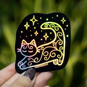 Adesivo de gato celestial • Adesivo holográfico fofo • Adesivo de arco-íris • Decalque brilhante e legal • Adesivo à prova d'água para laptop • Perfeito para pais de gatos