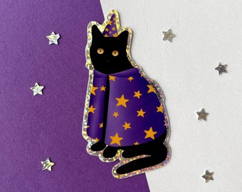 Pegatina impermeable de gato mago, holográfica con purpurina para portátil, ideal para amantes de los gatos.