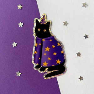 Wizard Cat Weatherproof Sticker, Glitter Holographic Laptop Decal, Magical Cat Sticker, Perfect For Cat Lover