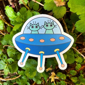 Sticker chat vaisseau spatial, Sticker réfléchissant mat, Sticker extraterrestre chat pour ordinateur portable, Sticker amoureux de l'espace, Stickers 3 pouces, cadeau pour amoureux des chats, tenue de journal