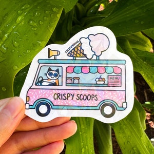 Sticker Crispy Scoops Truck, Ice Cream Truck, I Love Ice Cream, holografische crackle sticker, sticker zomer, geweldig cadeau voor kattenliefhebber