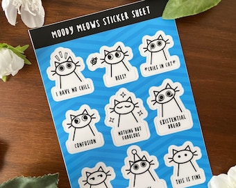 Moody Meows Sticker Sheet • 4 x 6 Inch Sticker Sheet • Cute Sticker Sheets • Gift For Crazy Cat Lover