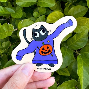 Pegatina de gato espeluznante con suéter • Bonita pegatina de Halloween • Calcomanía de temporada espeluznante • Me encanta Halloween • Pegatinas de gatitos tontos • Clima de suéteres