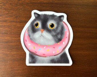 Donut Cat Waterproof Sticker, Gray & White Cat, Laptop or Water Bottle