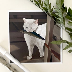 Lovable Cat With Fish Art Print | White Cat • Small Desk Decor • Kitty Wall Art