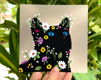 Adorable Cat With Floral Aesthetic, 5 x 5 Inch Matte Art Print, Spring Time Flowers, Black Cat Art Print, Mother’s Day Gift