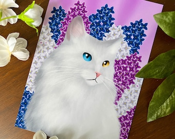 Lilac Cat Art Print • 5 x 7 Spring Time Wall Decor • Perfect For Cat Lover