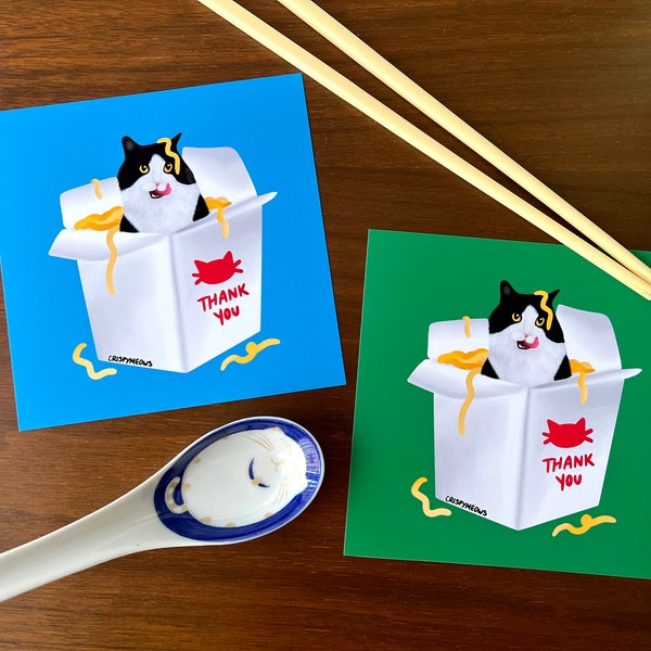 Take Out Food Cat, 5 x 5 Inch Matte Art Print, Adorable Tuxedo Cat, Cat With Tongue Out, Gift For Crazy Cat Lover