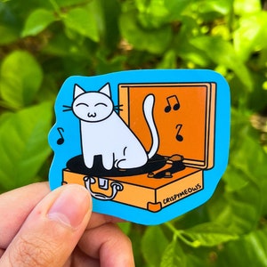 Adesivo Purrfect Vibrations • Adesivo per giradischi in vinile • Arte del gattino del giradischi d'epoca • Adesivo per laptop con gatto che gira il disco