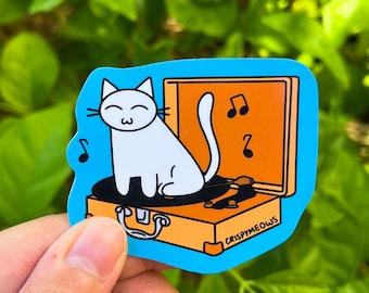 Purrfect Vibrations Sticker • Vinyl Record Player Sticker • Vintage Record Player Kitty Art • Record Spinner Cat Laptop Sticker