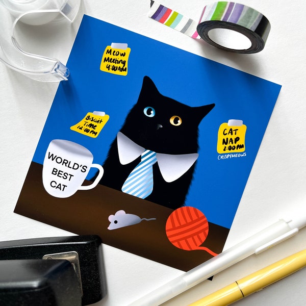 Business Cat Art Print, 5 x 5 Print, Enduit mat, Parfait pour le bureau, Desk Art For Work, Cadeau pour l’amoureux des chats, Cadeau pour boss