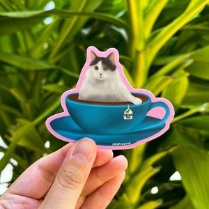 Tea Cat Sticker, Cup Of Tea, Sticker For Food Lover, Waterproof Vinyl Sticker, Cute Stationery Sticker, Gift For Cat Lover
