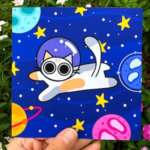 Space Cat Art Prints • 5 x 5 Art Prints • Feline Cosmic Journey •  Adorable Space Cats Illustration • Cat Lover Gift • Space Lover Gift