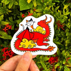 Sticker dragon lunaire et chat • Nouvel an lunaire • Année du dragon • Signe du zodiaque dragon • Sticker mignon pour ordinateur portable • Nouvel an chinois