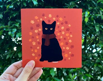 Cute 5” x 5” Inch Cat In Scarf Art Print | Fall Leaves Aesthetic • Autumn Wall Decor • Art By CrispyMeows