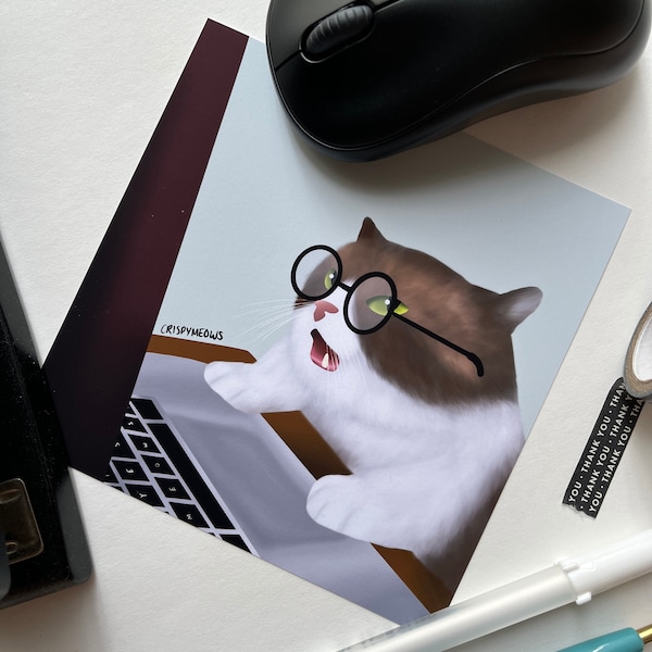 Computer Cat Art Print, 5 x 5 Matte Art Print, Funny Cat Art, Small Wall Decor, Perfect For Desk, Gift For Programmer