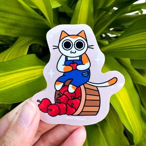 Adesivo de gato maçã • Adorável gato laranja e branco • Adesivo fofo de outono • Uma maçã por dia • Presente para amantes de gatos