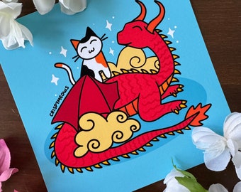 Lunar Dragon & Cat Art Print • 5x5 Print • Lunar New Year • New Year 2024 • Year of the Dragon • Cute Art Print • Lunar Art Print