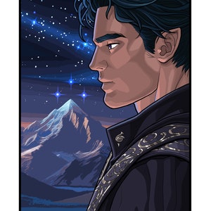 May include: A man with dark blue hair and a black jacket with gold embroidery looks out at a snowy mountain range under a starry night sky.