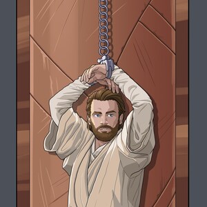 May include: Digital illustration of a character in a beige robe, handcuffed to a chain. The character has a beard and blue eyes, set against a brown, textured background. The image has a comic book style.
