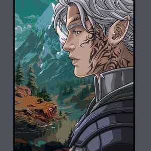 May include: A digital illustration of a man with white hair and a pointed ear. He has a tattoo on his face and is wearing a dark blue and silver tunic. The background is a landscape with mountains and a river.