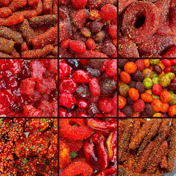 8oz-  chili chamoy candies|| gushers|| gummy bears|| skittles|| peach rings ||watermelon bites|| watermelon rings|| mix||