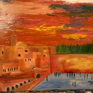 Unique Artwork Contemporary Kotel in Jerusalem, Israel in orange- signed original on stretched canvas 18 X 24