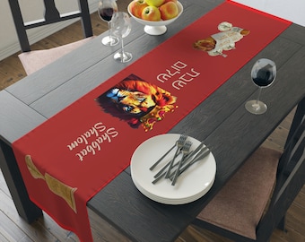 Crowned Lion Shabbat Table Runner, Hebrew Design