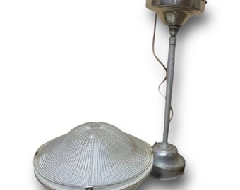 Vintage Holophane Industrial Light fixtures, Nickel Plated Pendant, Antique Holophane Shades, 2-Part Holophane Shade Prismatic Glass 22-24”