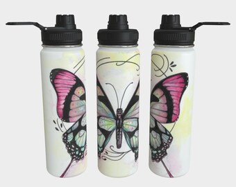 Rosa und schwarze Schmetterling Edelstahl Wasserflasche - Travel Tumbler