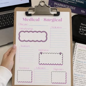 Könnte beinhalten: Ein Klemmbrett mit einem Blatt "Medical - Surgical" wird gehalten. Das Blatt hat Abschnitte für Krankheit, Pathophysiologie, Medikamente, Behandlung, Risikofaktoren, Symptome, Ausbildung und Diagnostik. Lehrbücher für Krankenpflege und ein Laptop sind im Hintergrund.
