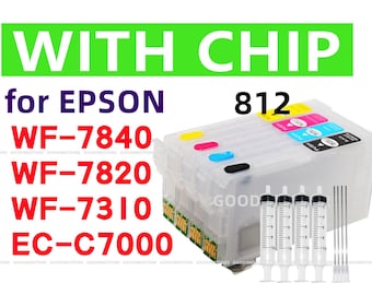 4pk Empty Refillable Ink Cartridge for Workforce pro WF7840 WF7820 WF7310 EC-C7000 wf-7840 wf-7820  T812 812 XL Printer w/ single use chips