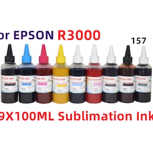 May include: Nine bottles of 100 ml sublimation ink for Epson R3000 printers. The bottles are labeled "Peter Ink" and include colors like black, cyan, magenta, yellow, and light black.