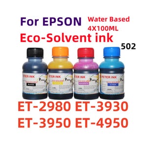 May include: Four bottles of Epson Eco-Solvent ink in black, yellow, magenta, and cyan. Each bottle has a colored cap and a label with the ink color and brand name. The image also includes the text "For EPSON Water Based 4X100ML Eco-Solvent ink 502".