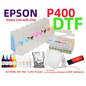 May include: An Epson P400 DTF printing kit including an empty CISS with chips, eight 100ml ink bottles, 0.4kg of powder, 30 sheets of 12x16.5 inch A3 film, a cleaner kit, and a USB drive. The set features clear ink tanks and colorful ink caps.