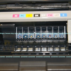 May include: Close-up of a printer ink cartridge tray with eight ink cartridges. The cartridges are labeled with the colors: magenta, photo cyan, yellow, black, gray, photo magenta, light gray, and cyan.